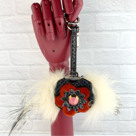 Authentic FENDI Mirror Floral Python Skin Leather Fur Bag Bug Charm - Picture 2 of 16